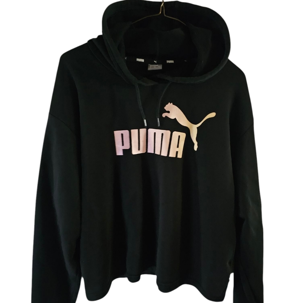 Puma Graphic Cropped Hoodie Women's Sweater Pullover Black With Gold Logo Sz XL
